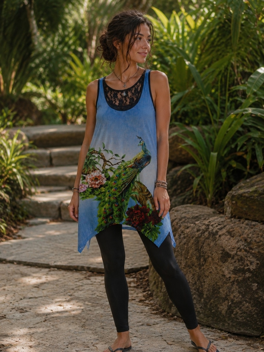 Blue Peacock Print Lace-Trim Tunic Top